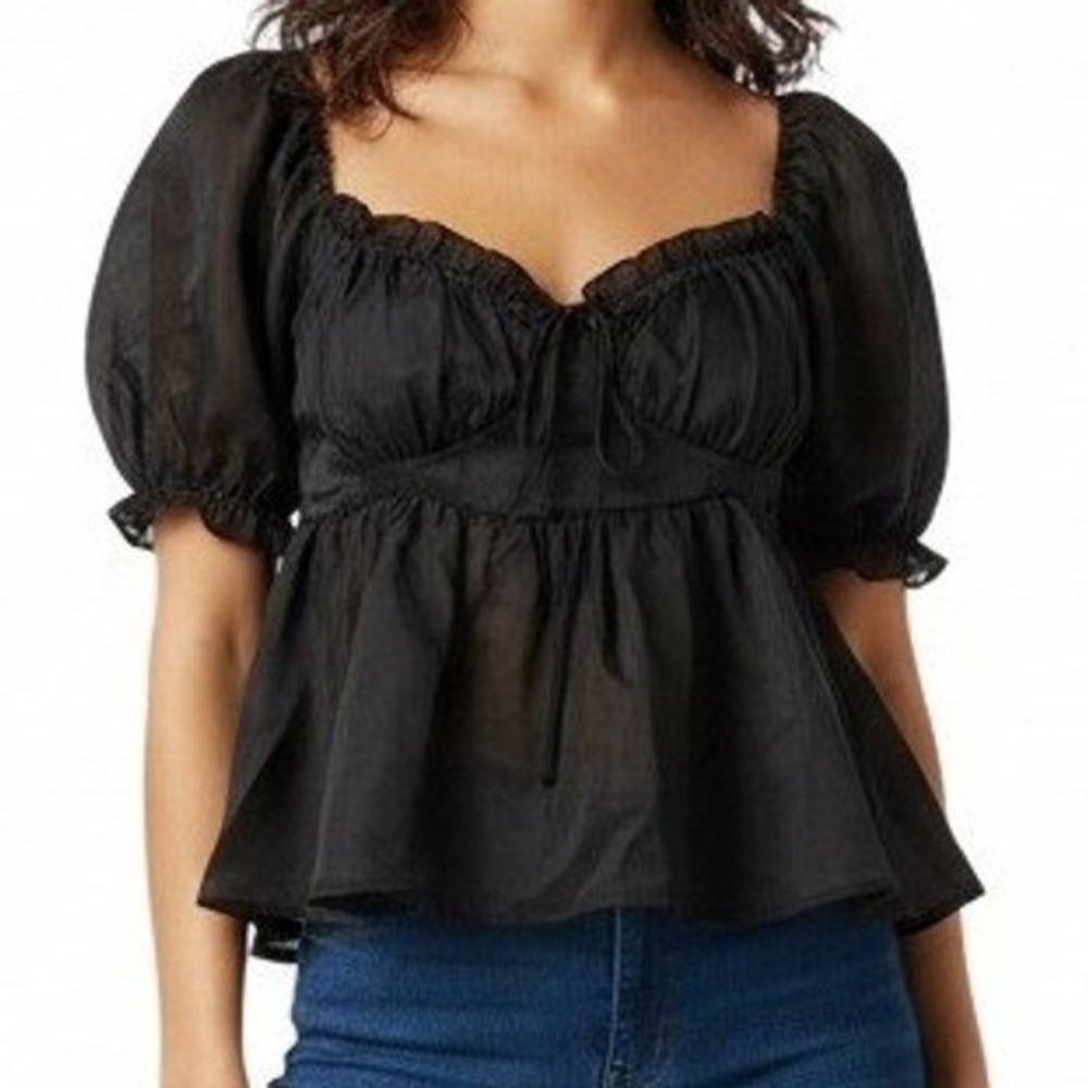 Mable Women Puff Sleeve Peplum Top Polyester‎ Coquette Boho Black Size M MT1530